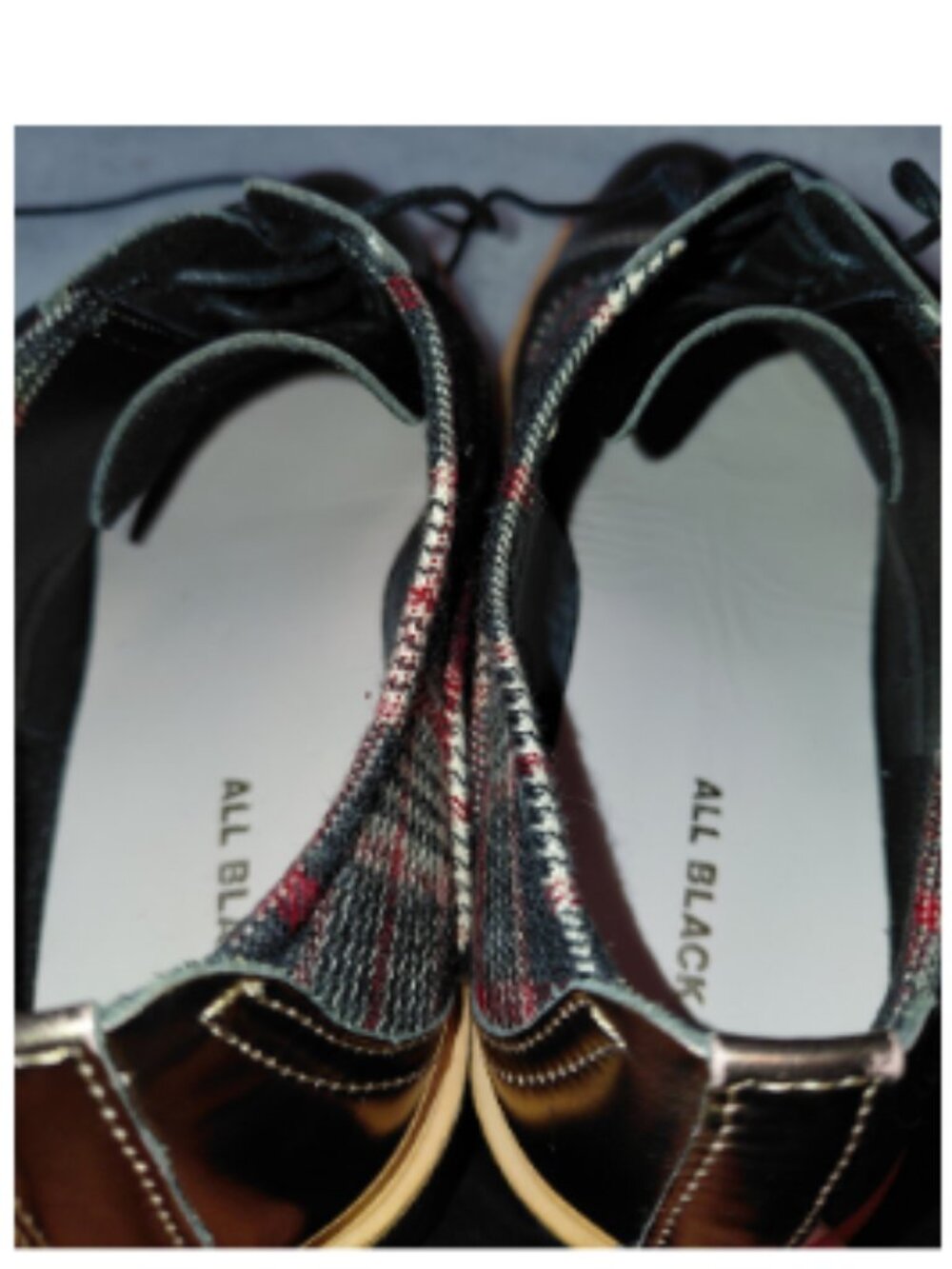 ALL BLACK Plaid Oxfords w/ Gold Patent Toe and Heel Women's Size 8 - Picture 11 of 13
